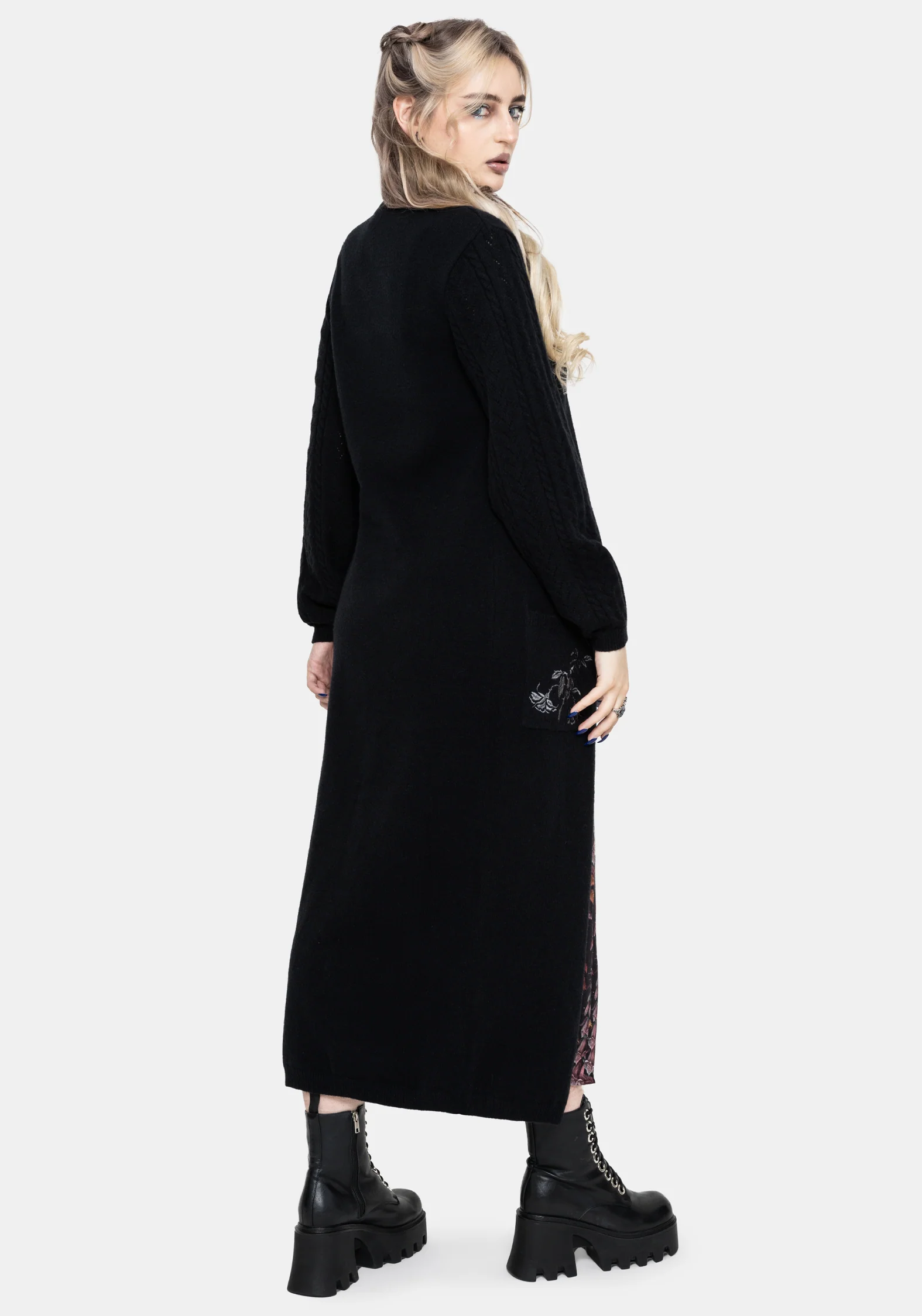 Rime Embroidered Cable Knit Sleeve Longline Cardigan - Image 3