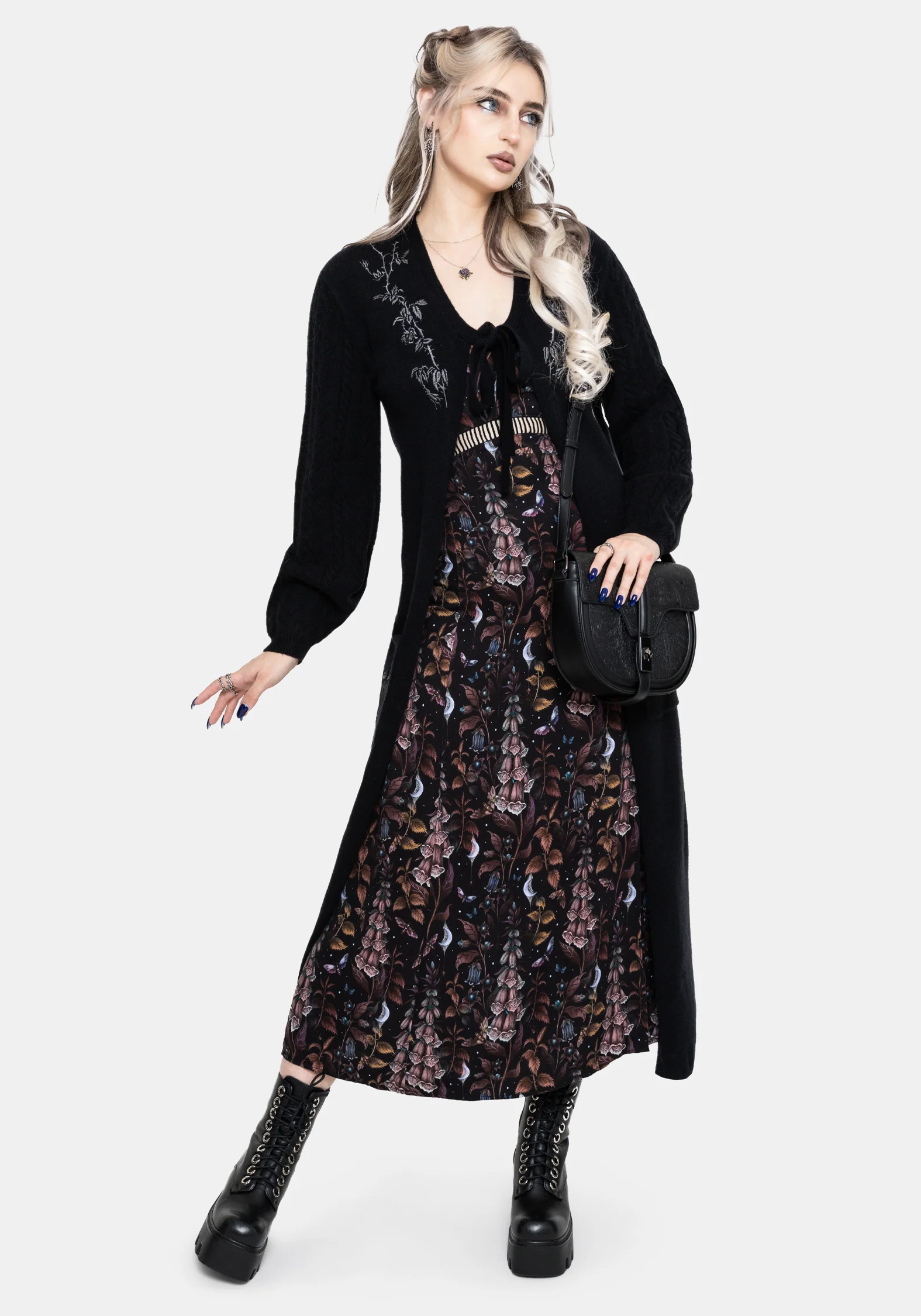 Rime Embroidered Cable Knit Sleeve Longline Cardigan - Image 4