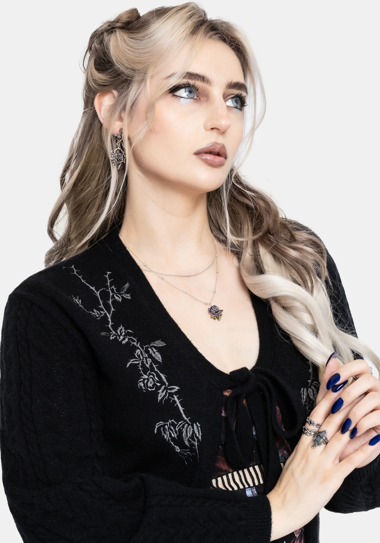 Rime Embroidered Cable Knit Sleeve Longline Cardigan - Image 5
