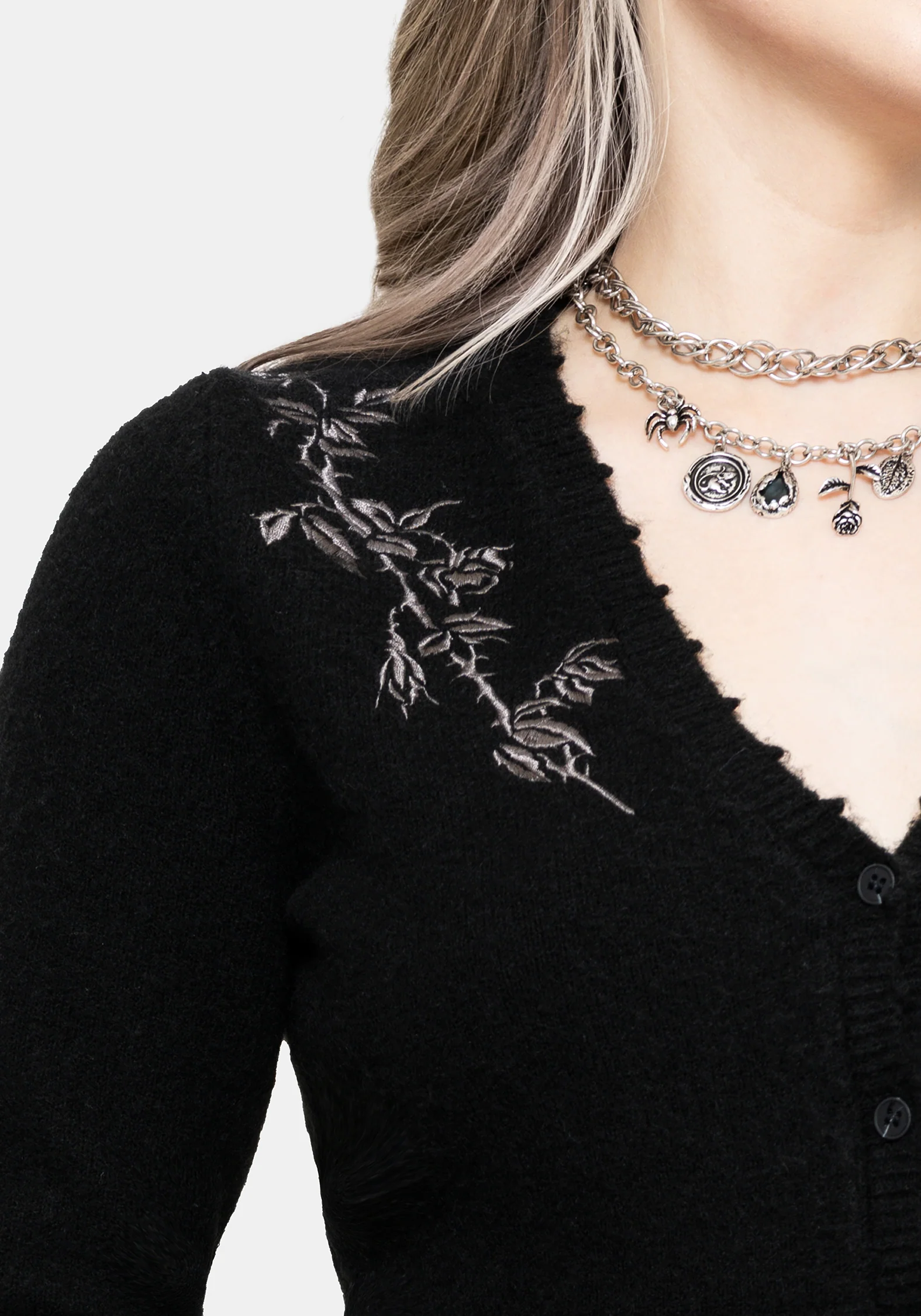 Rime Embroidered V-Neck Fitted Cardigan - Image 2