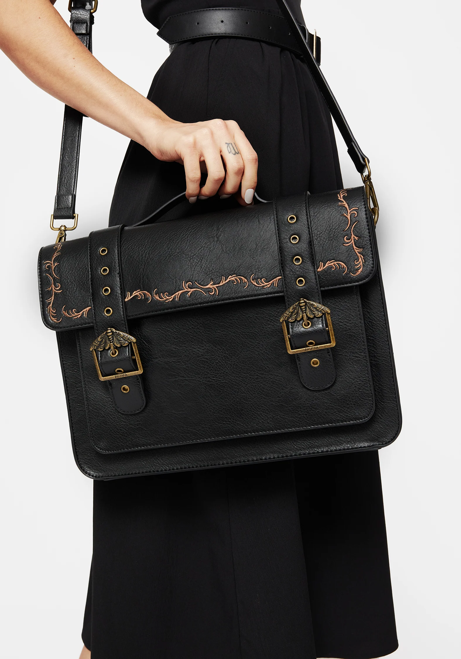 Rosamoth Buckle Vine Embroidered Satchel Bag - Black - Image 2