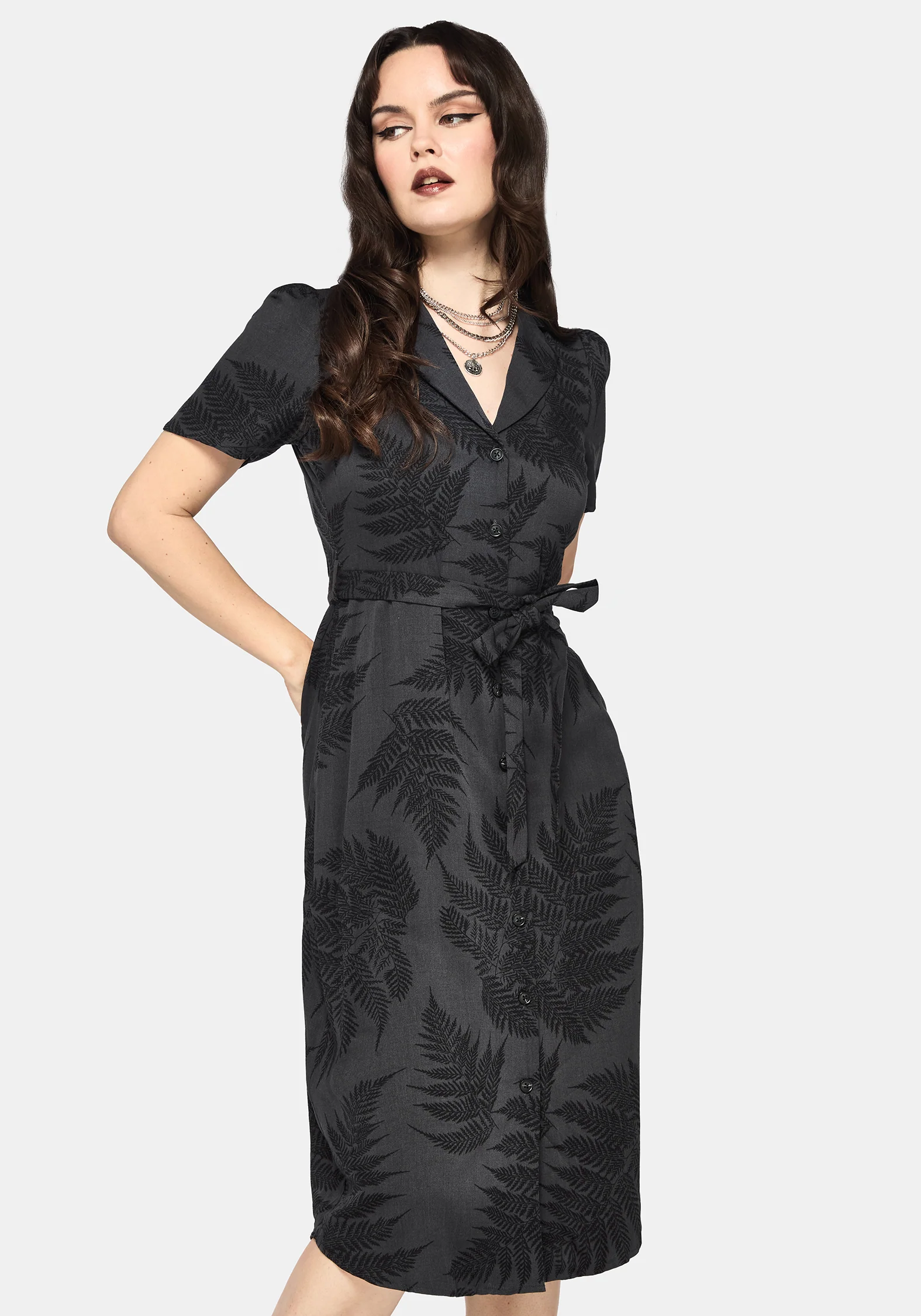 Ruin Fern Printed Button Up Midi Shirt Dress - Grey - Image 5