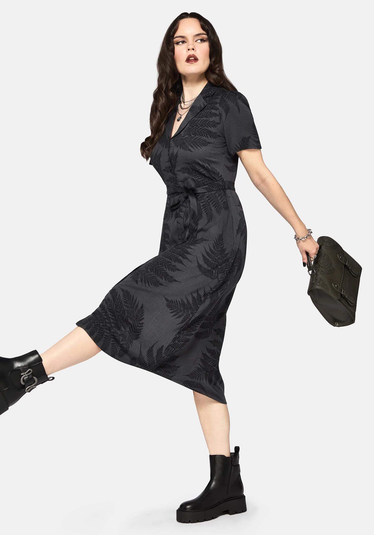 Ruin Fern Printed Button Up Midi Shirt Dress - Grey - Image 8