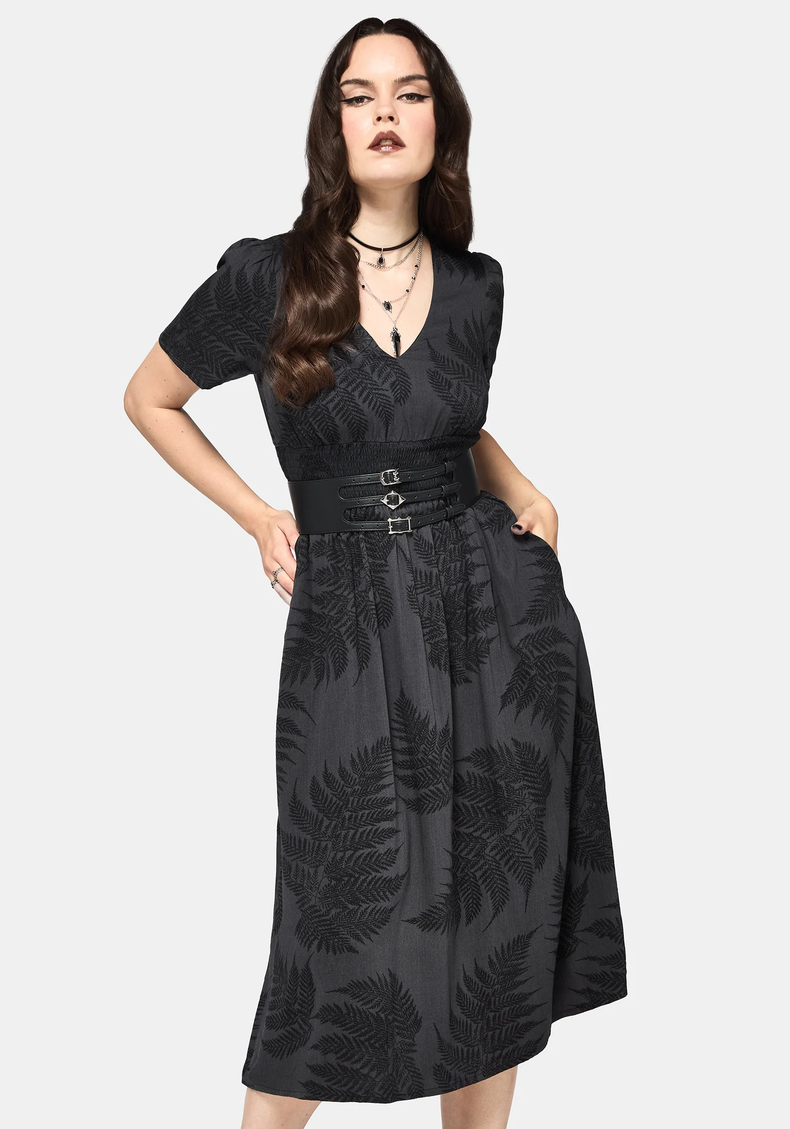 Ruin Fern Printed Midi Dress - Grey - Image 4
