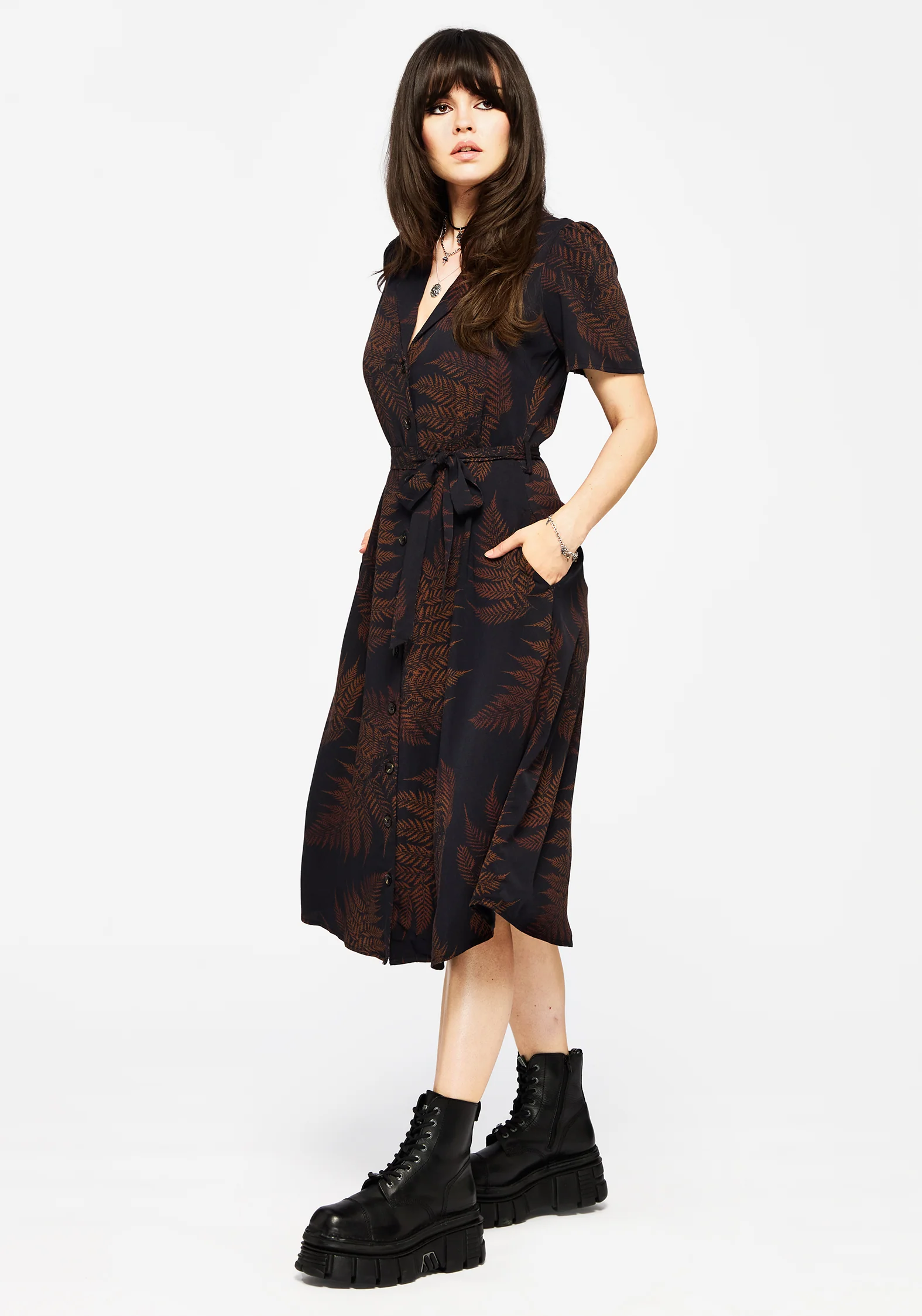 Ruin Fern Printed Midi Shirt Dress - Brown - Image 5