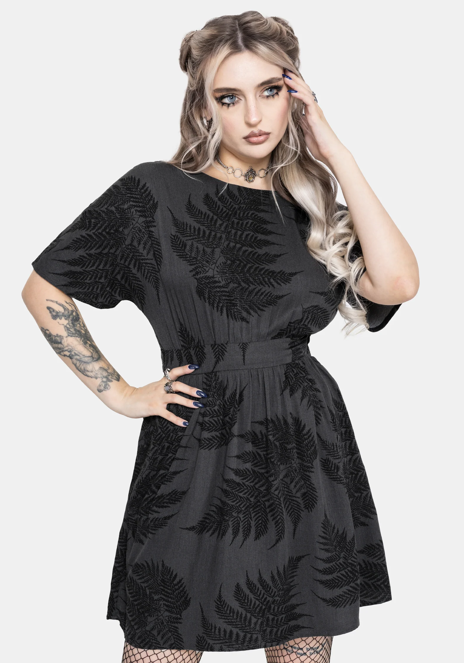 Ruin Fern Printed Tie Back Mini Dress - Grey - Image 2