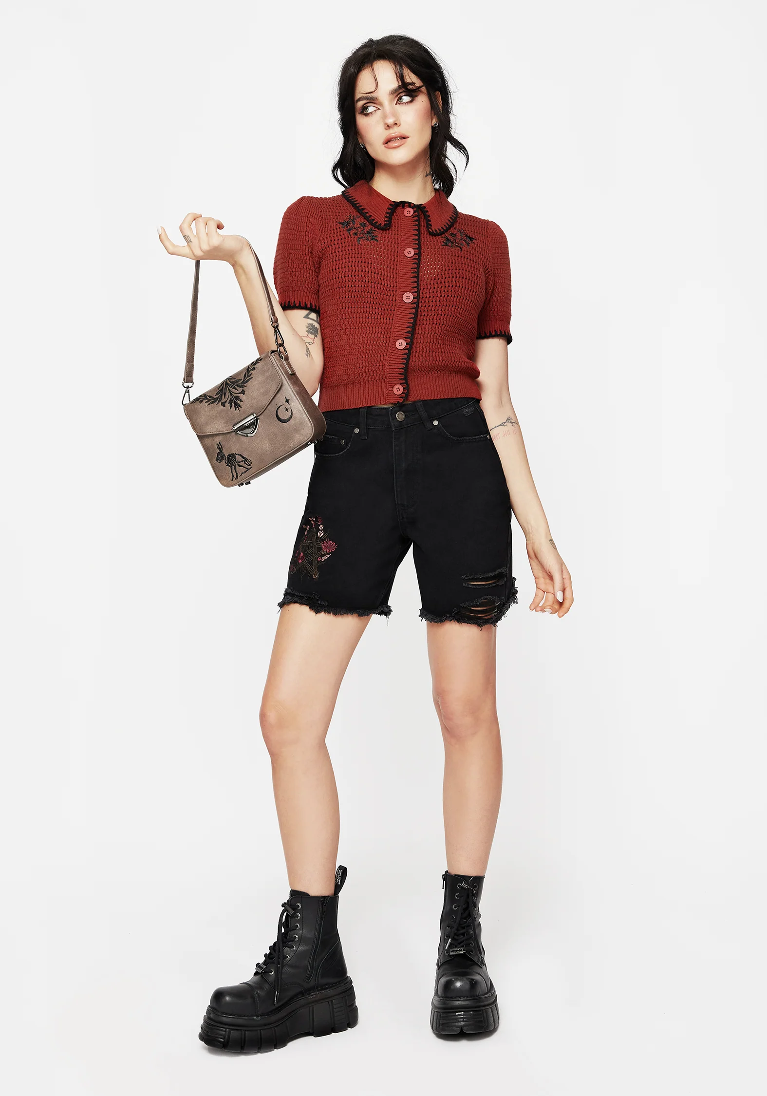 Saffron Floral Embroidered Scallop Collar Pointelle Knit Cardigan - Image 5