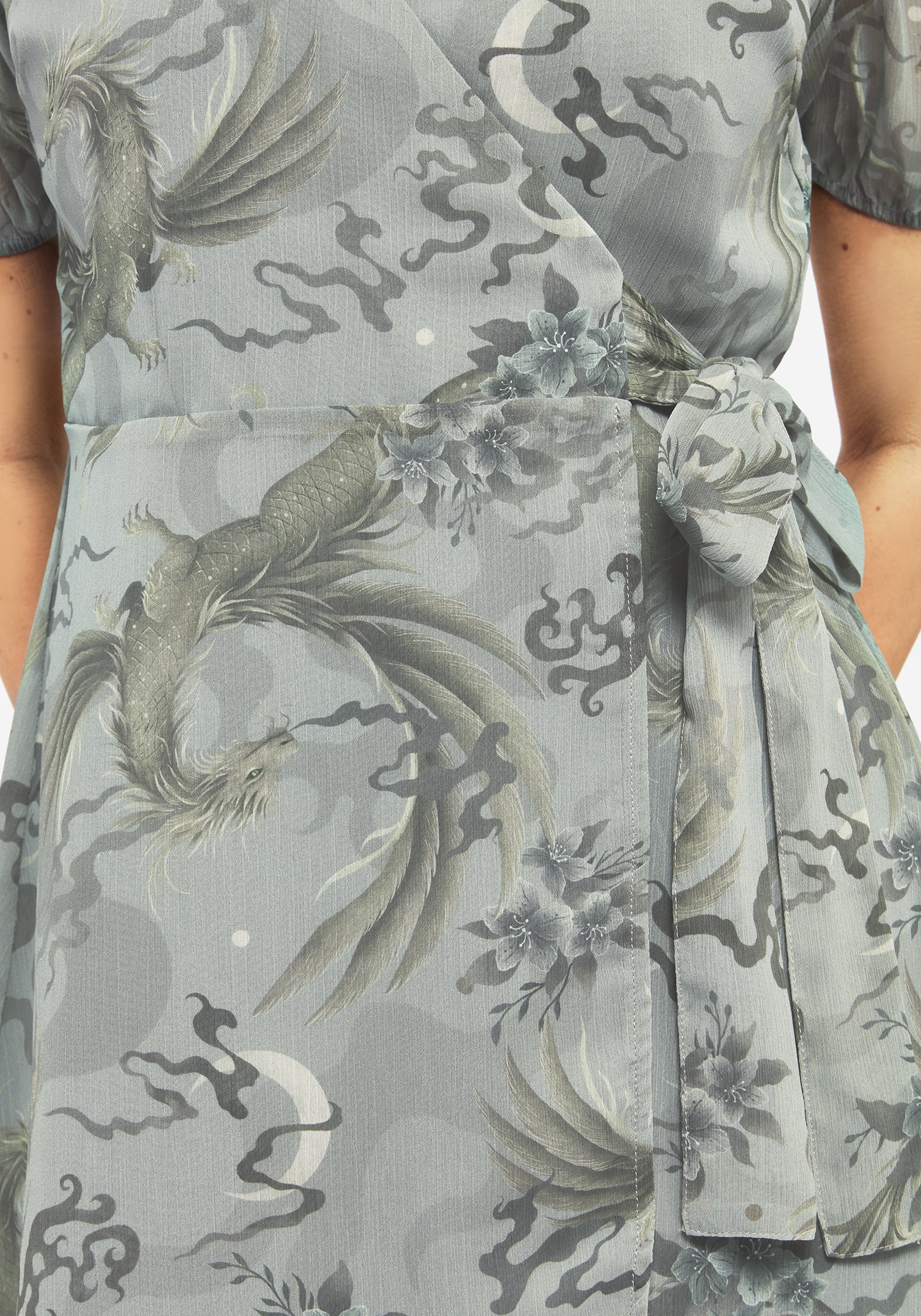 Sapphira Dragon Print Chiffon Mini Wrap Dress - Image 2