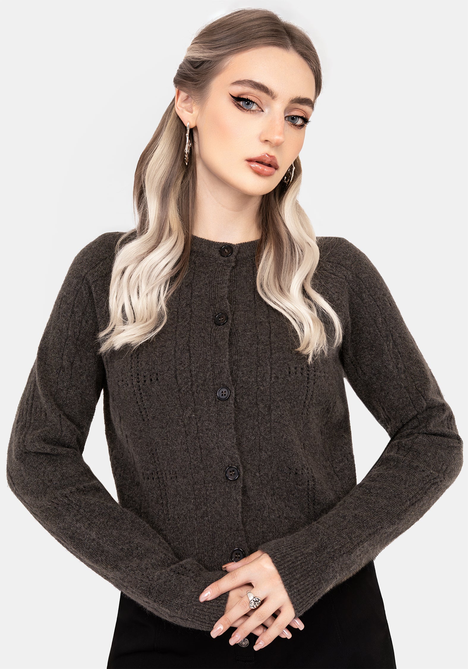 Serena Cross Pointelle Button Down Knit Cardigan - Image 4