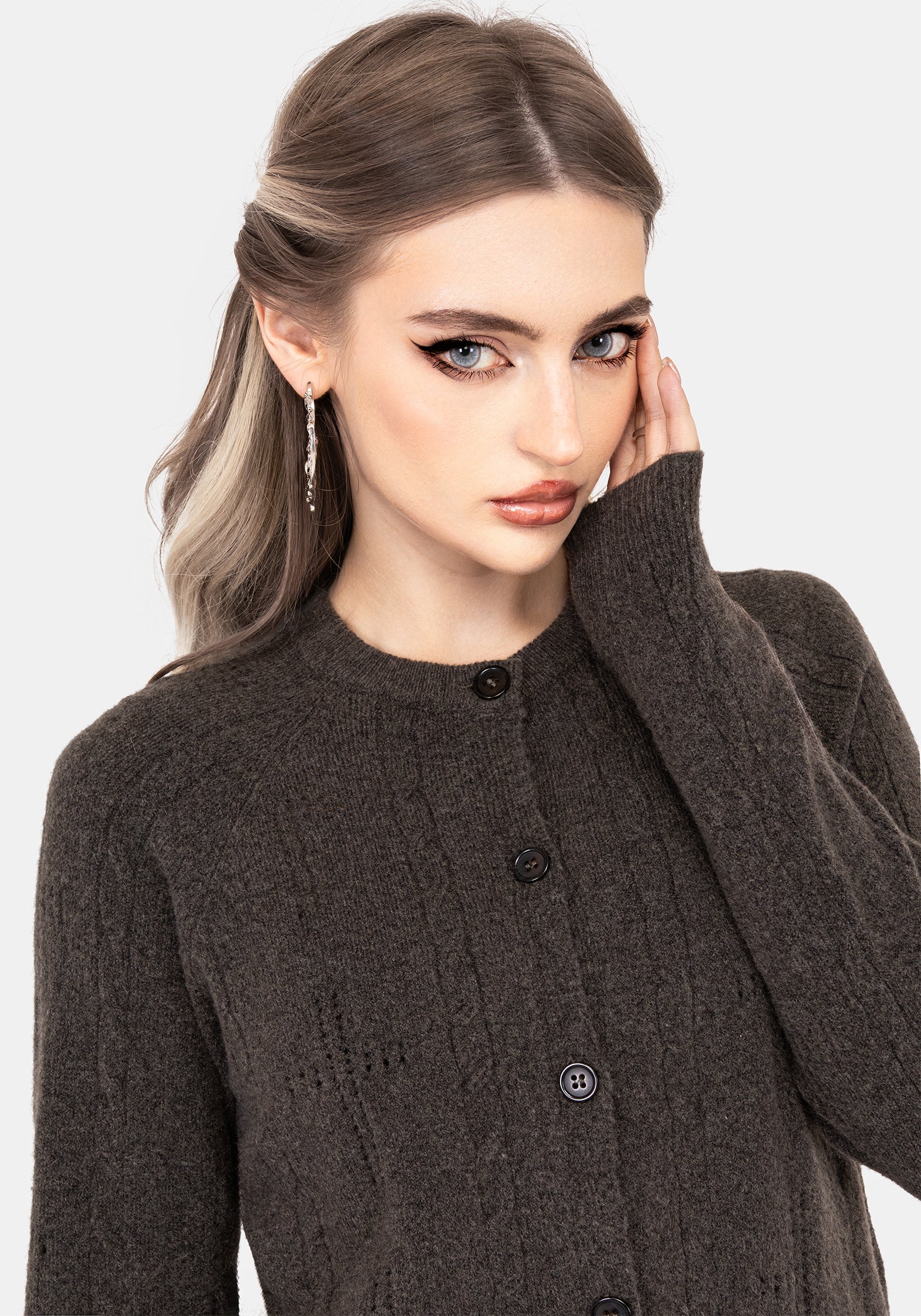 Serena Cross Pointelle Button Down Knit Cardigan - Image 6