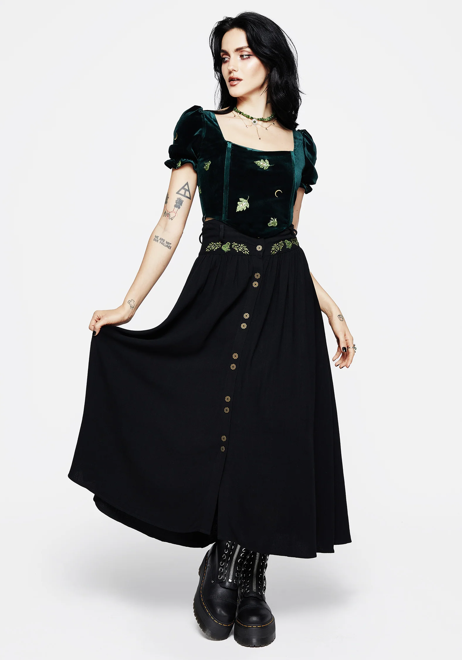 Swamplife Frog Embroidered Velour Puff Sleeve Corset Top - Image 4