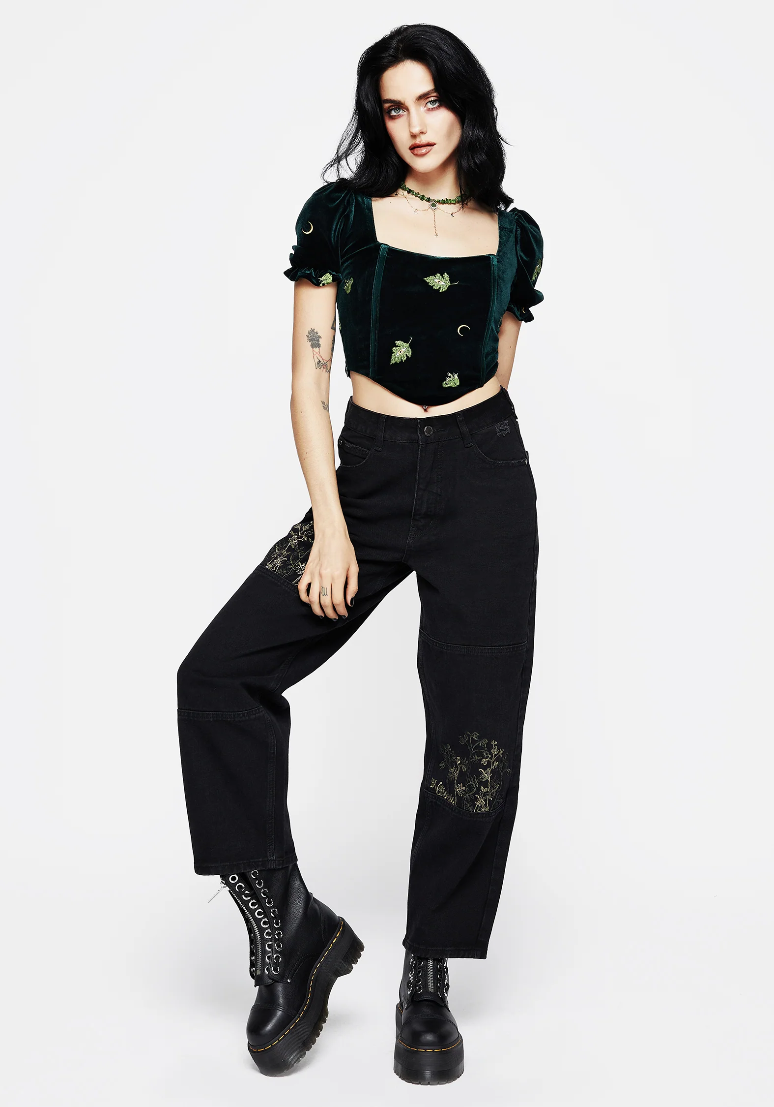 Swamplife Frog Embroidered Velour Puff Sleeve Corset Top - Image 7