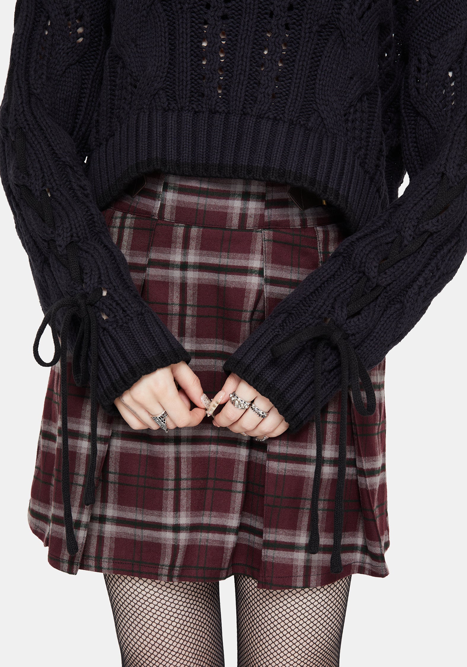 Sycamore Cotton Lace Up Sleeve Cable Knit Crop Jumper - Navy - Image 2