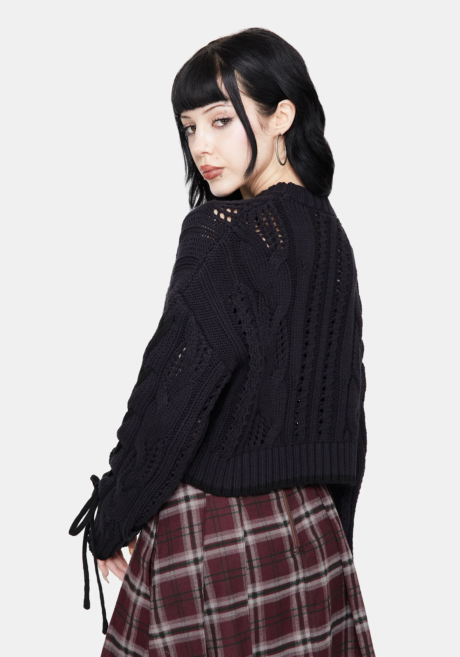Sycamore Cotton Lace Up Sleeve Cable Knit Crop Jumper - Navy - Image 3