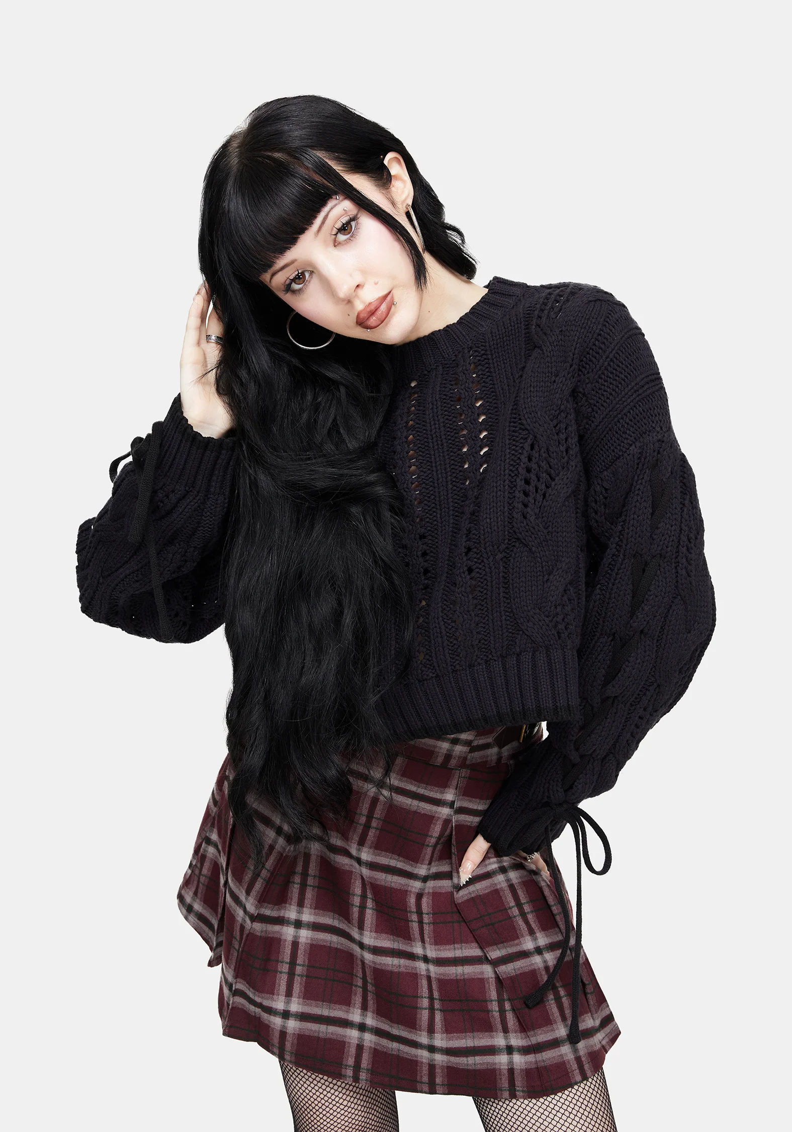Sycamore Cotton Lace Up Sleeve Cable Knit Crop Jumper - Navy - Image 4
