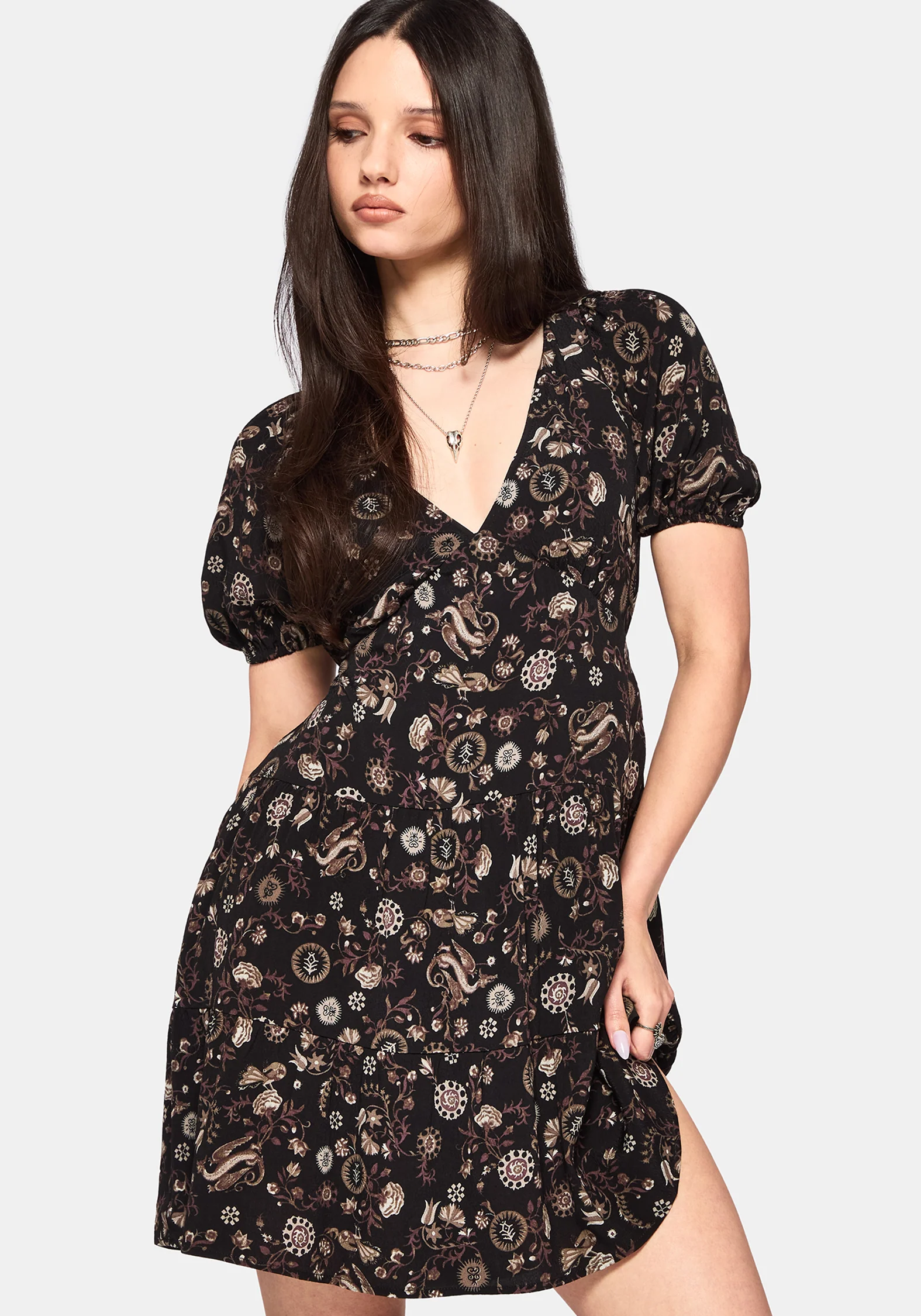 Sylra Ditsy Folk Print Tie Back Tiered Mini Dress - Image 4