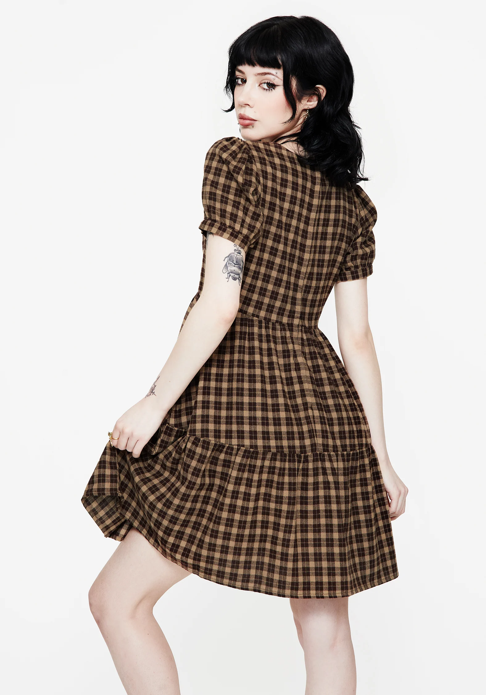Terra Cotton Check Smock Mini Dress - Brown - Image 3