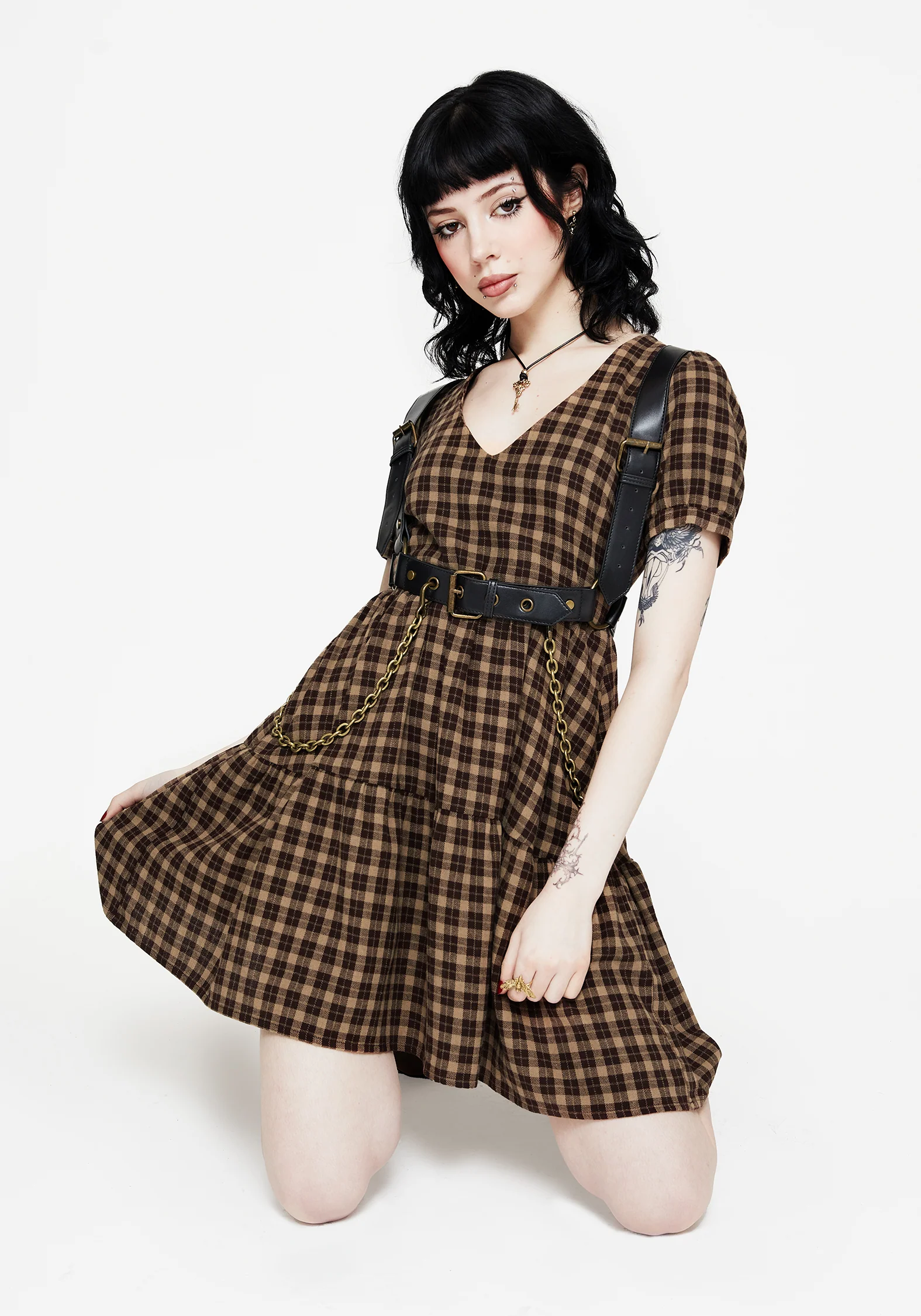 Terra Cotton Check Smock Mini Dress - Brown - Image 6