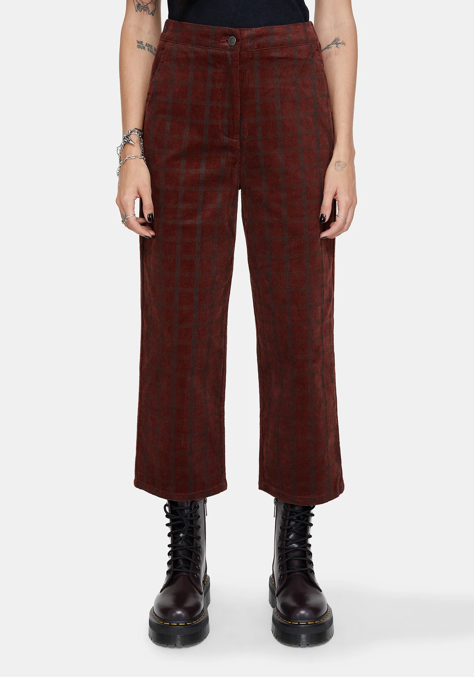 Terracotta Cotton Cord Check Straight Leg Crop Trousers - Image 4