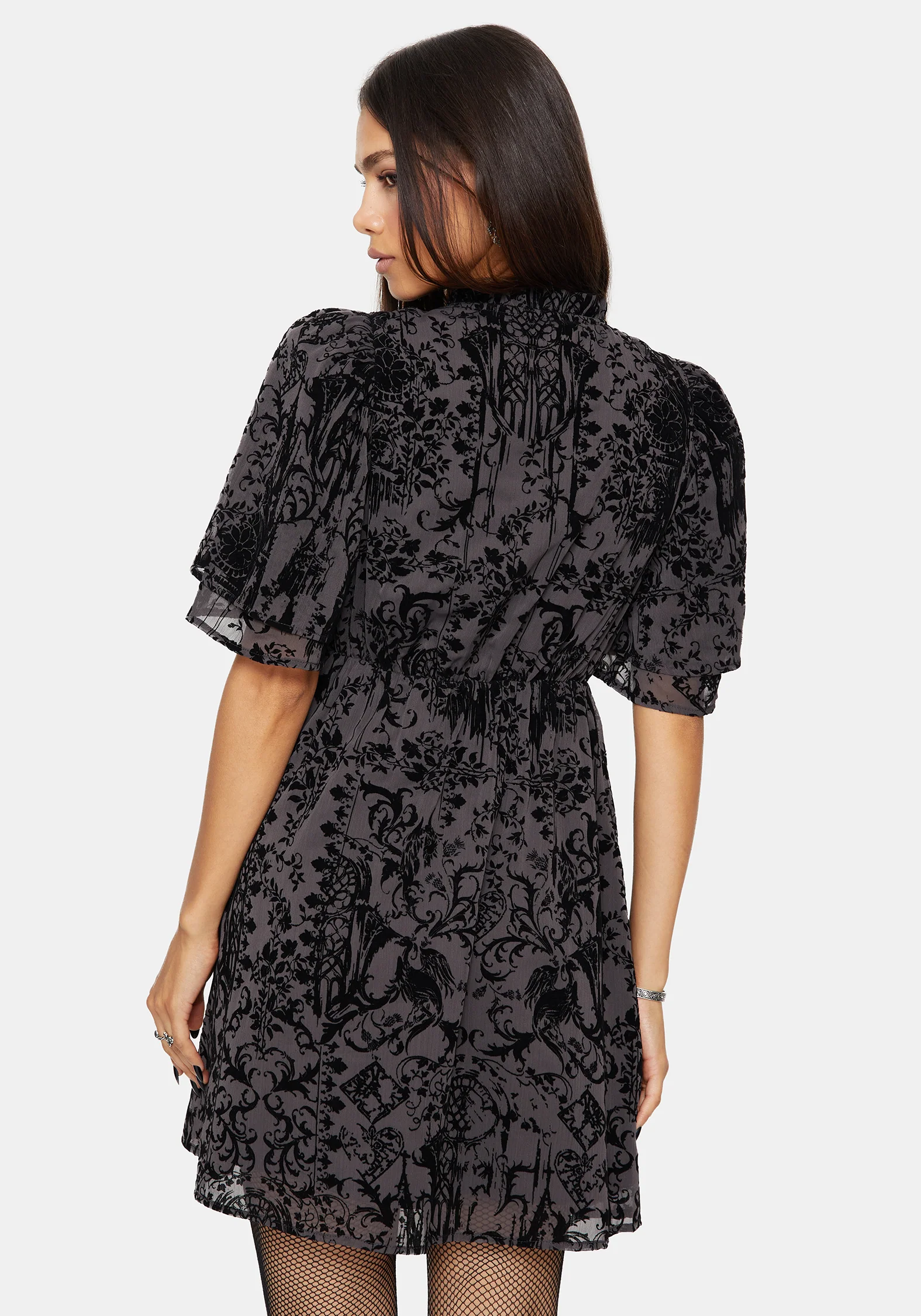 Thorned Flocked Chiffon Castle Print Yoke Front Frill Sleeve Mini Dress - Image 3