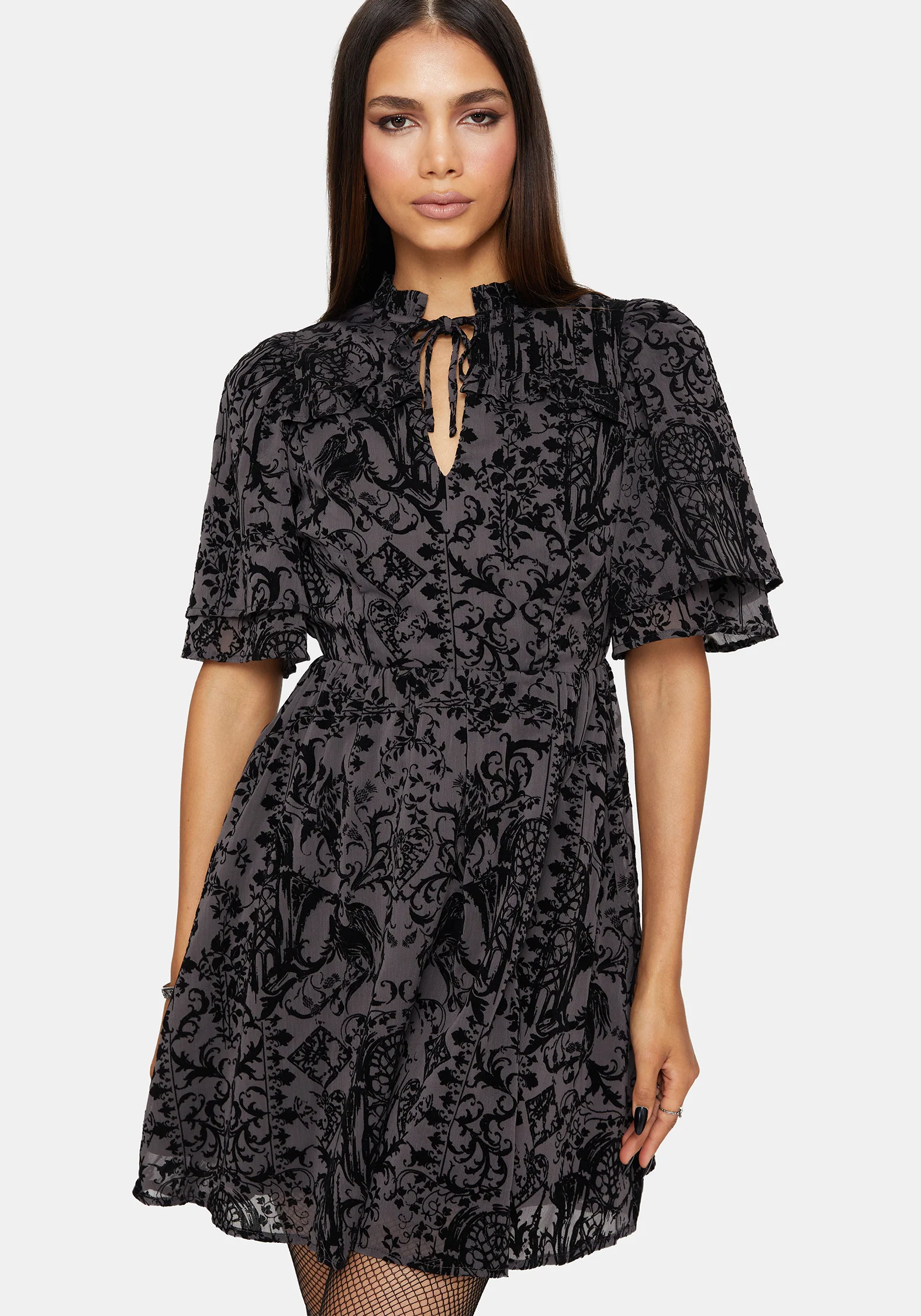 Thorned Flocked Chiffon Castle Print Yoke Front Frill Sleeve Mini Dress - Image 4