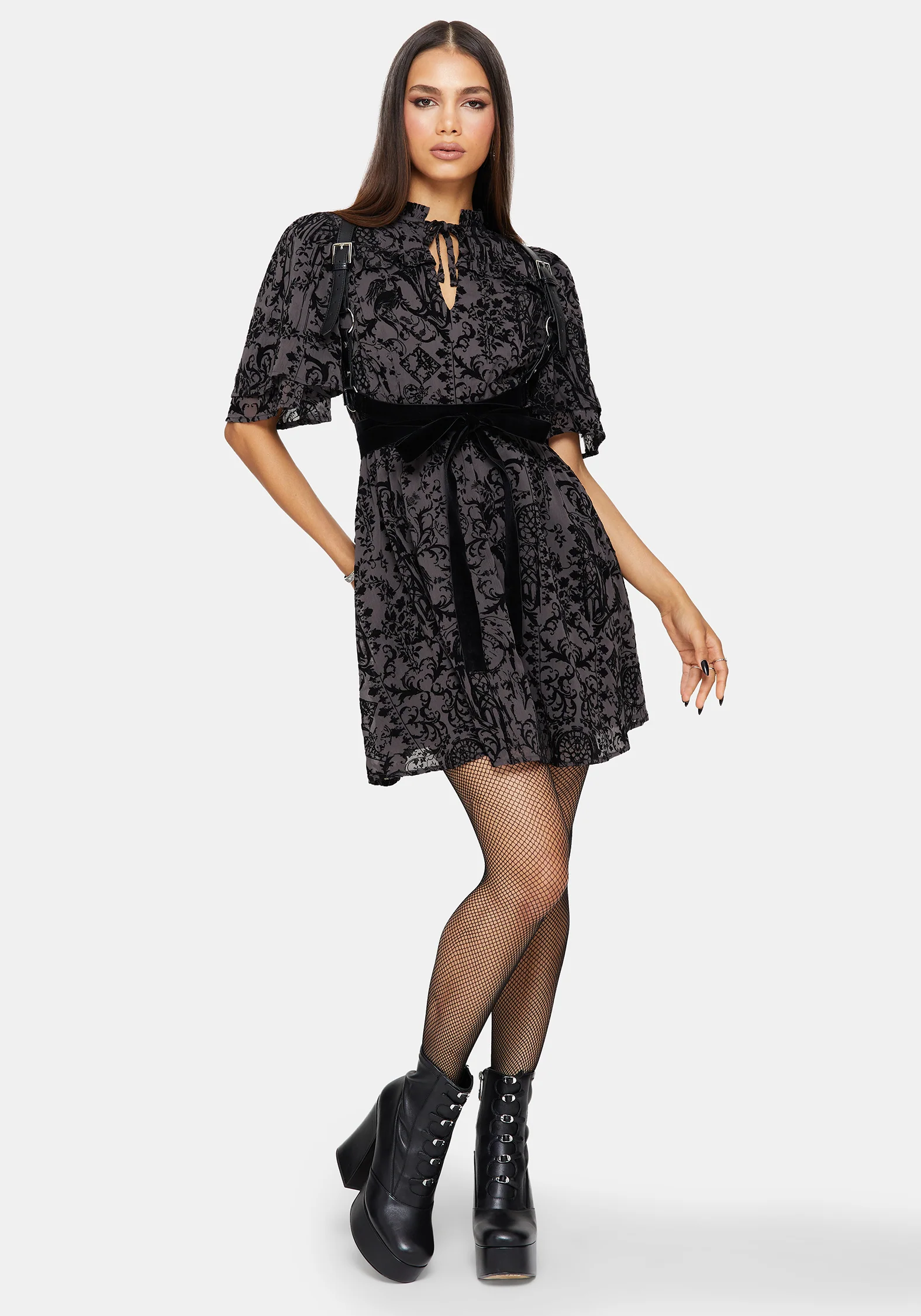 Thorned Flocked Chiffon Castle Print Yoke Front Frill Sleeve Mini Dress - Image 5