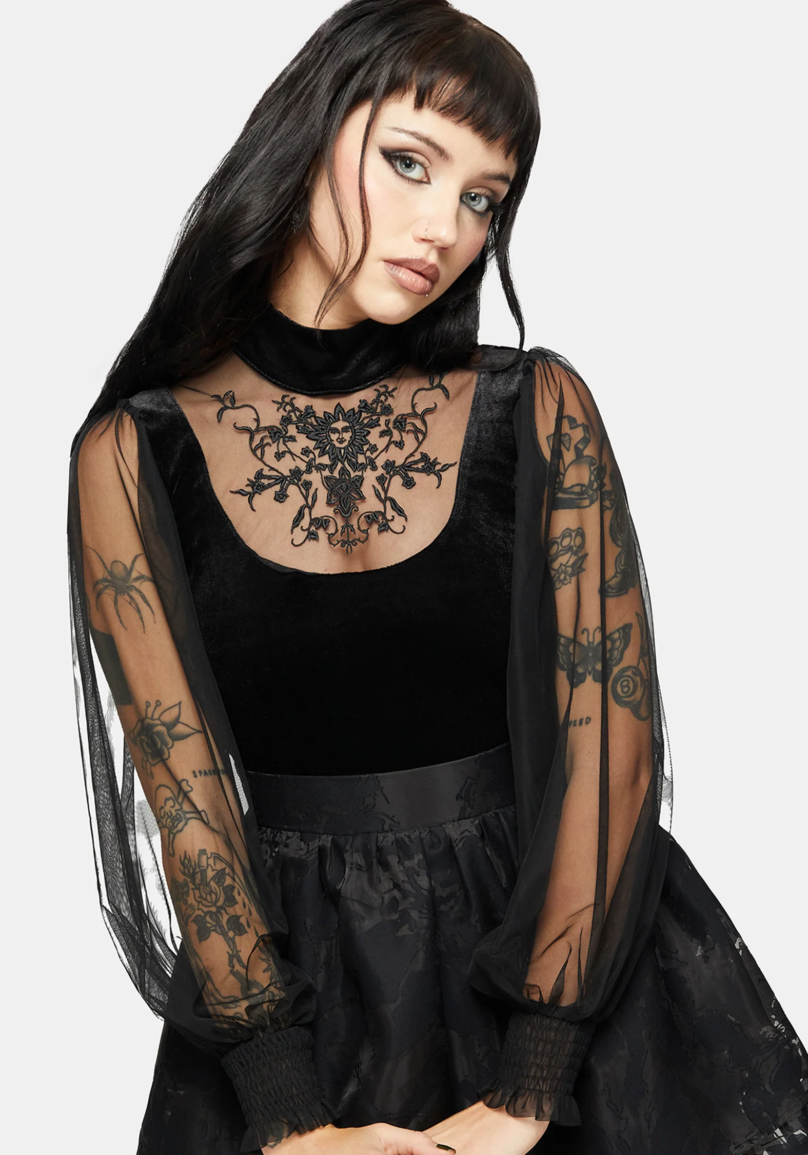 Trixie Velvet Embroidered Long Sleeve Funnel Top