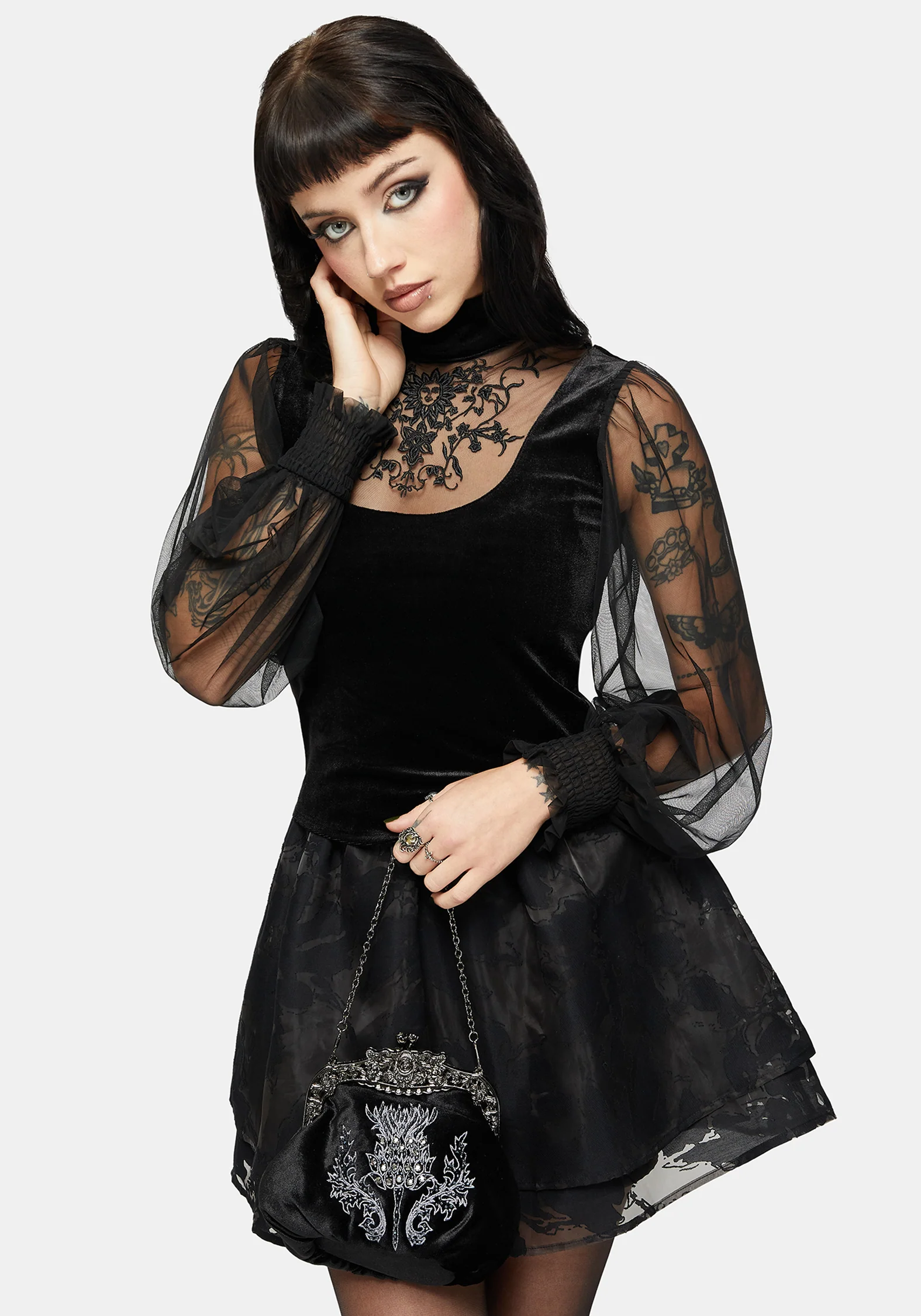 Trixie Velvet Embroidered Long Sleeve Funnel Top - Image 4
