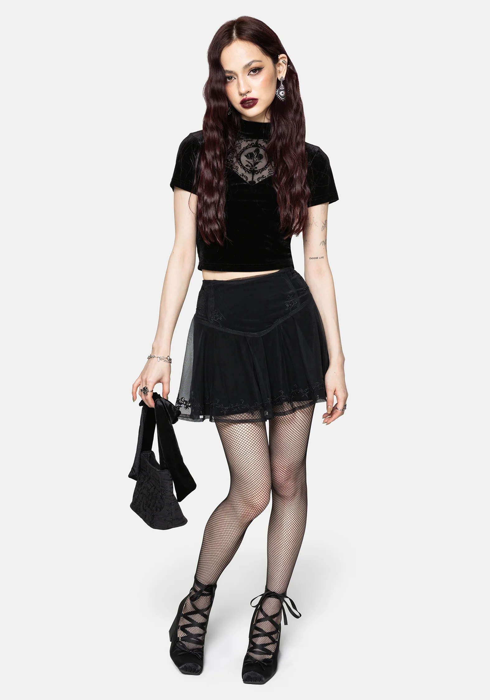 Trixie Velvet Fishnet Embroidered Mini Skirt - Image 7