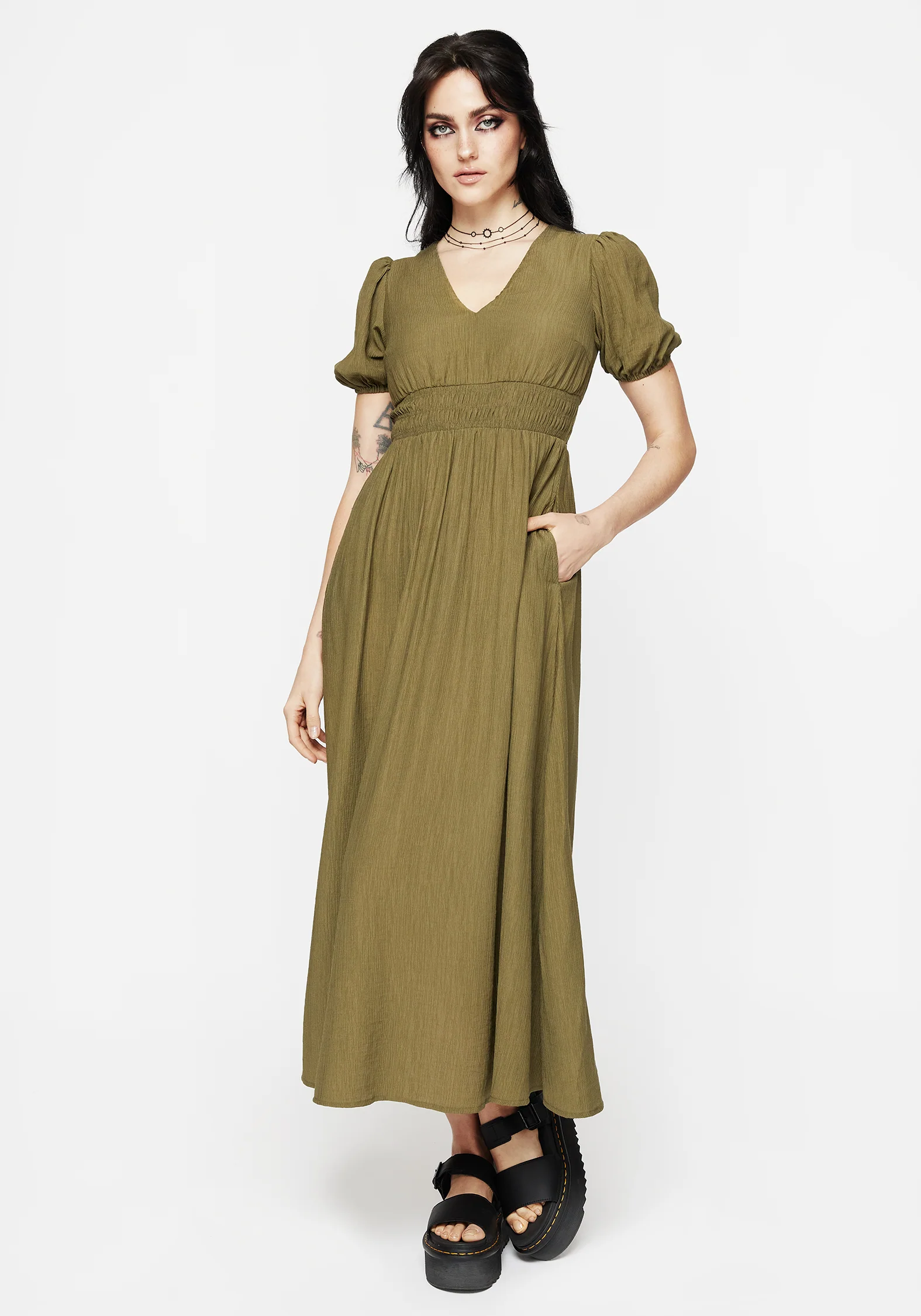 Tryphena Shirred V Neck Midaxi Dress - Image 4