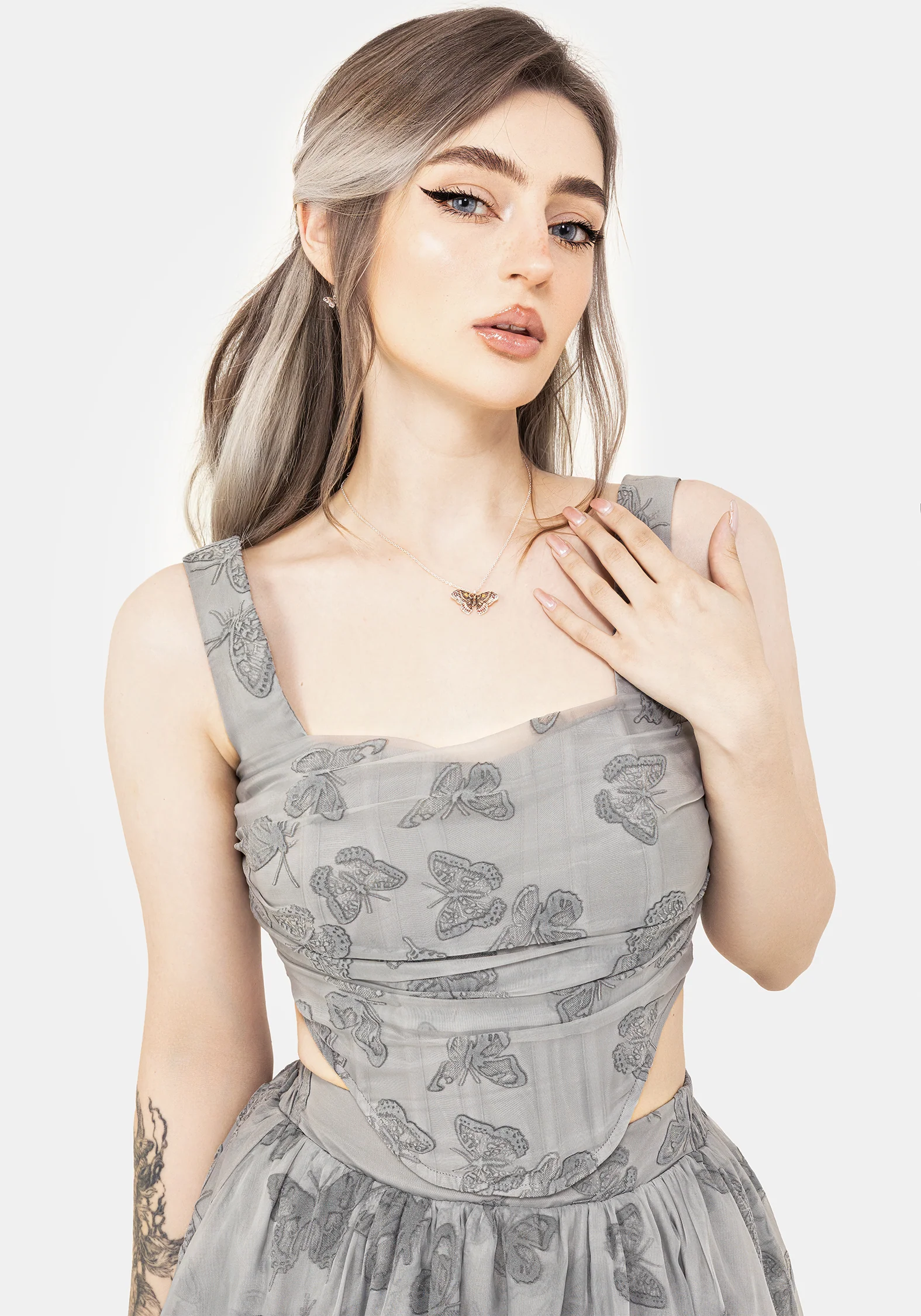 Vanessa Butterfly Print Organza Ruched Bodice Corset Top - Image 6