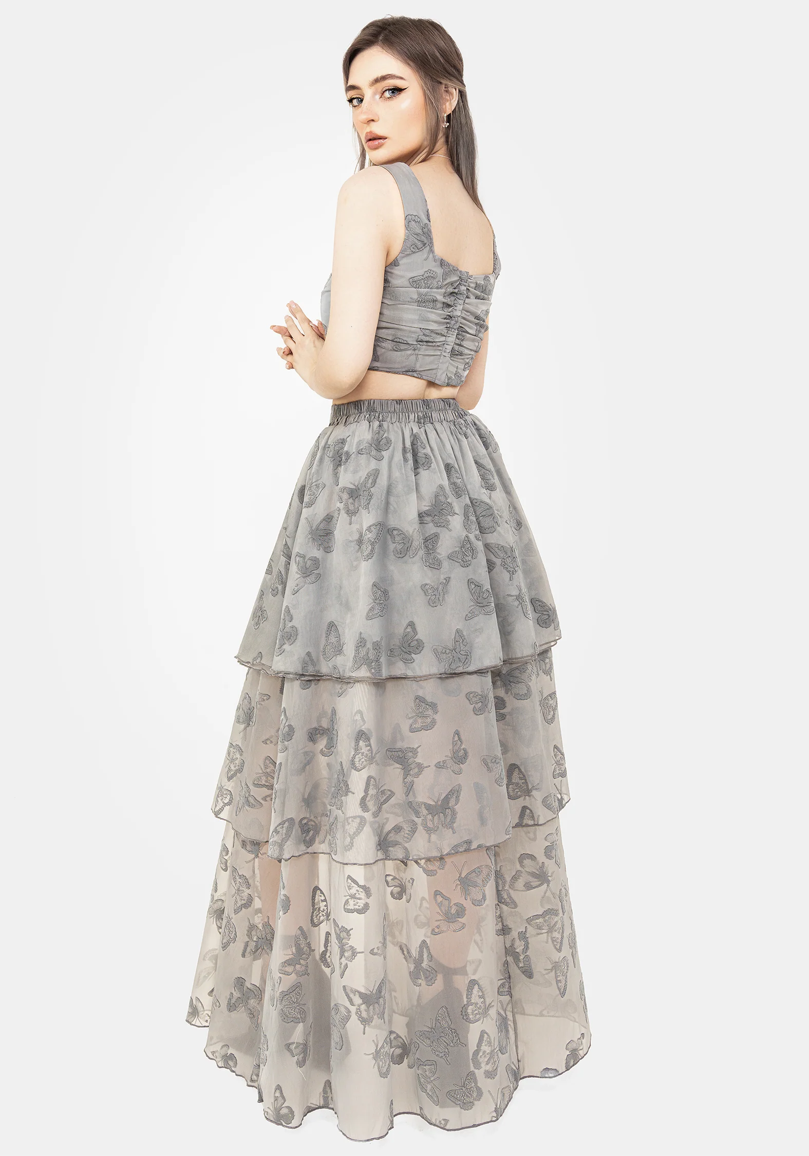 Vanessa Butterfly Print Organza Ruched Bodice Corset Top - Image 7