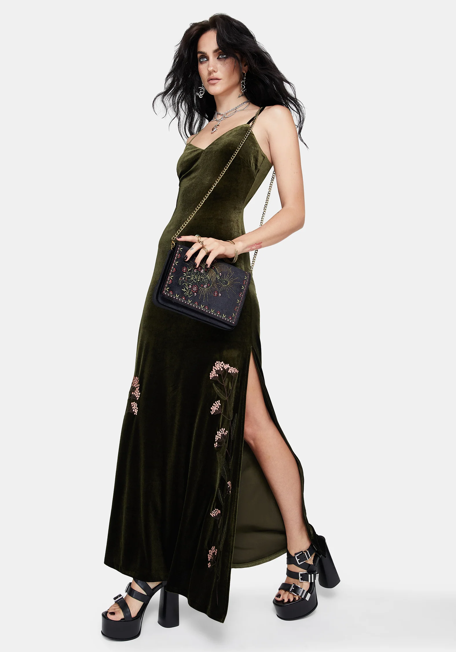 Virosa Floral Embroidered Velour Gown - Green - Image 6