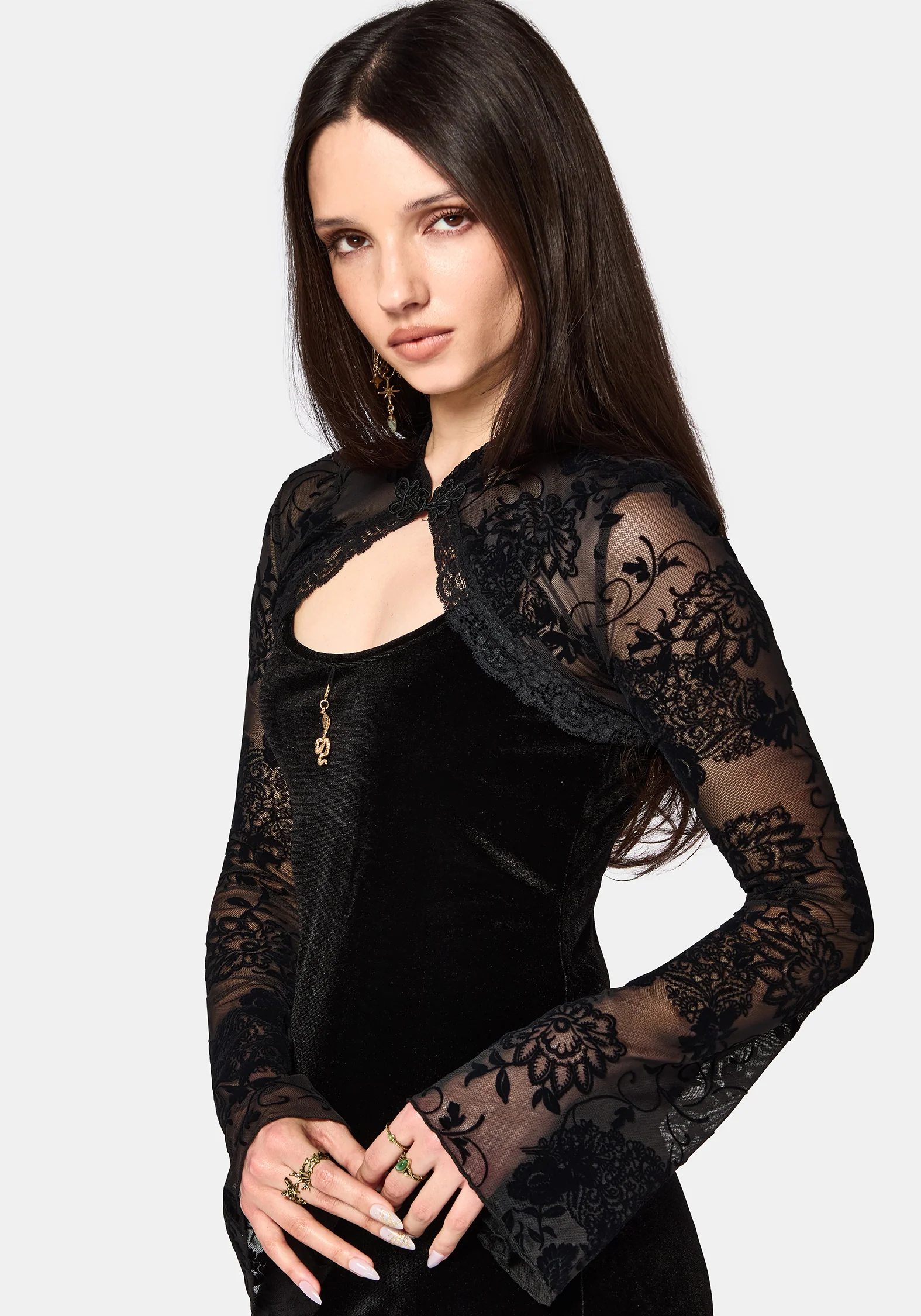Void Bloom Flocked Mesh Shrug Top - Image 6