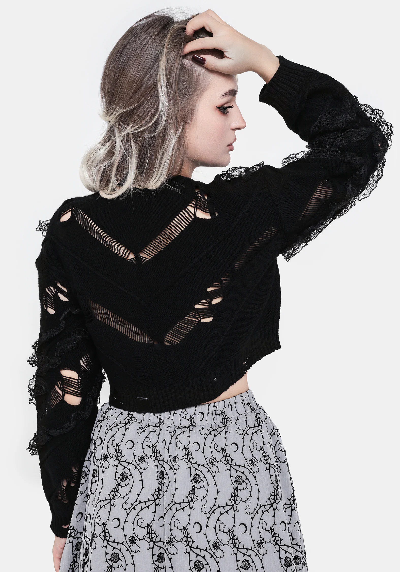 Volla Lace Ruffle Distressed Knit Crop Jumper - Image 3