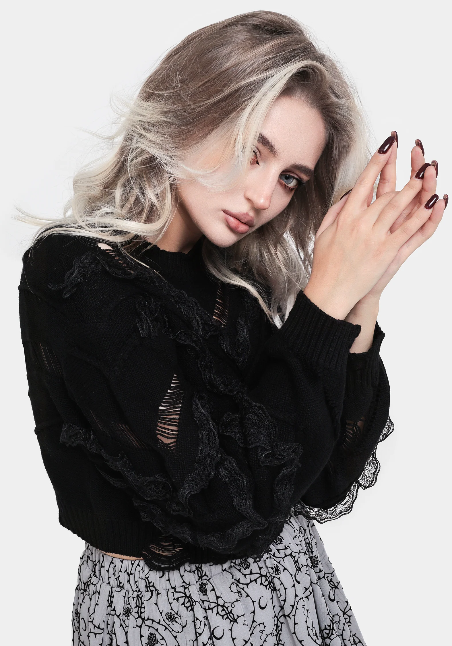 Volla Lace Ruffle Distressed Knit Crop Jumper - Image 7