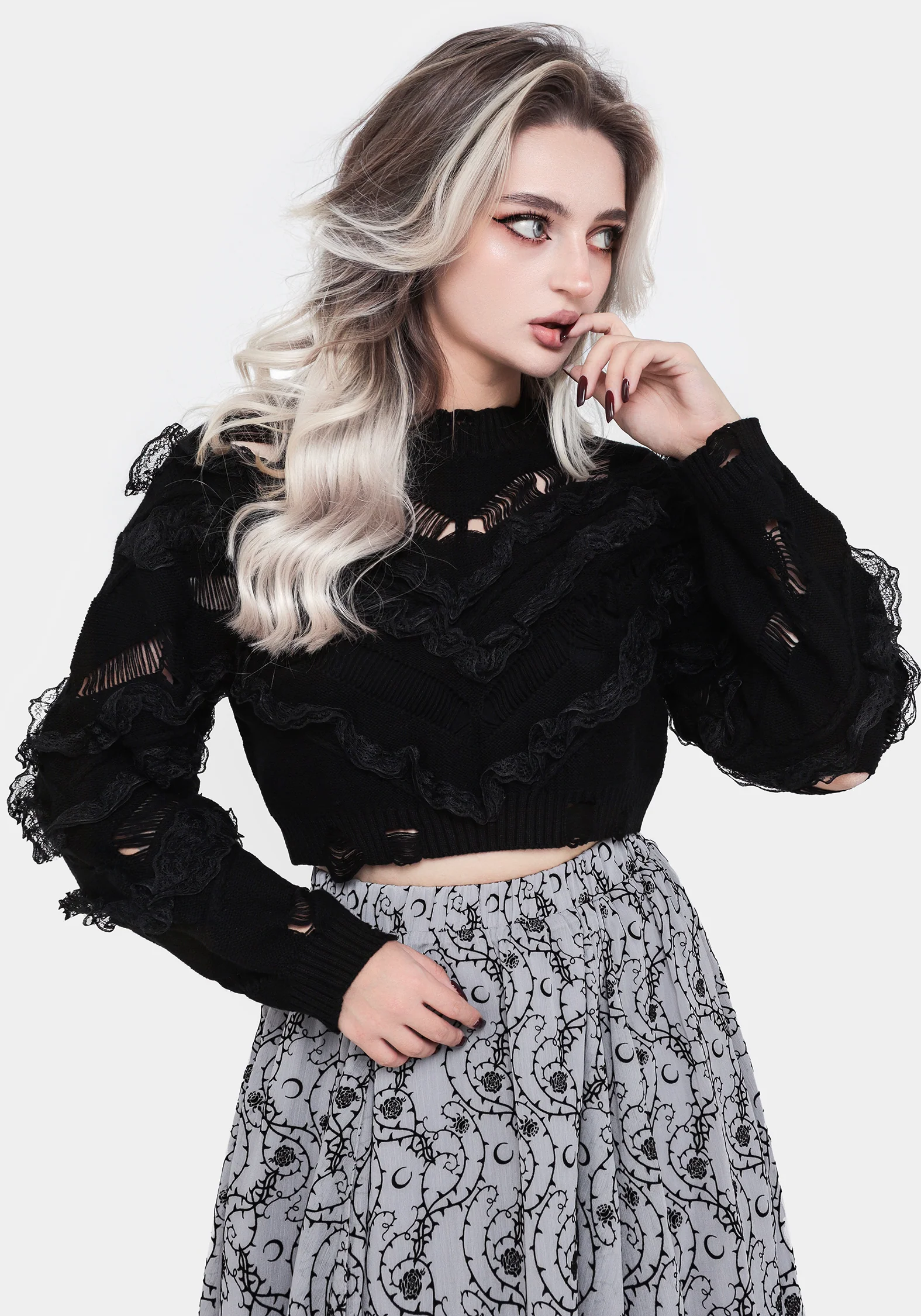 Volla Lace Ruffle Distressed Knit Crop Jumper - Image 8