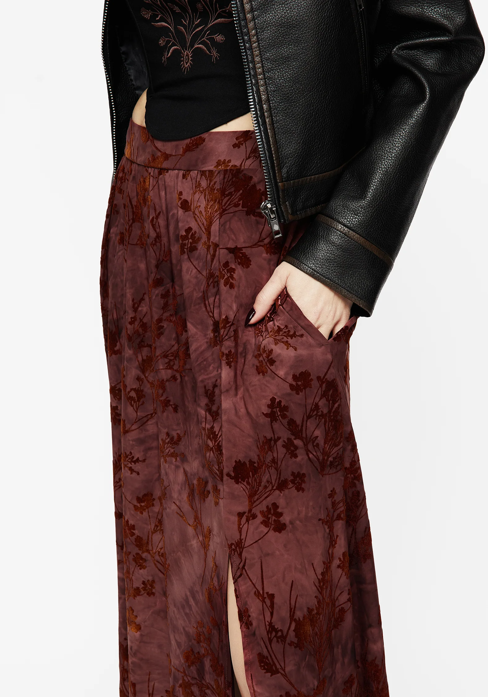 Wytchelm Floral Flocked Velour Midaxi Skirt - Red - Image 2
