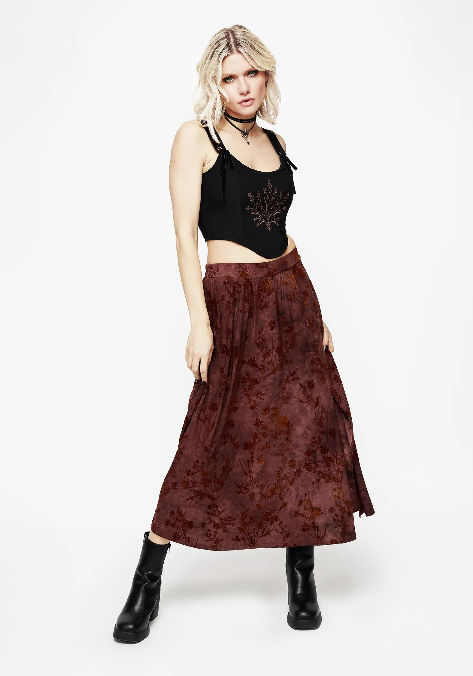 Wytchelm Floral Flocked Velour Midaxi Skirt - Red - Image 4