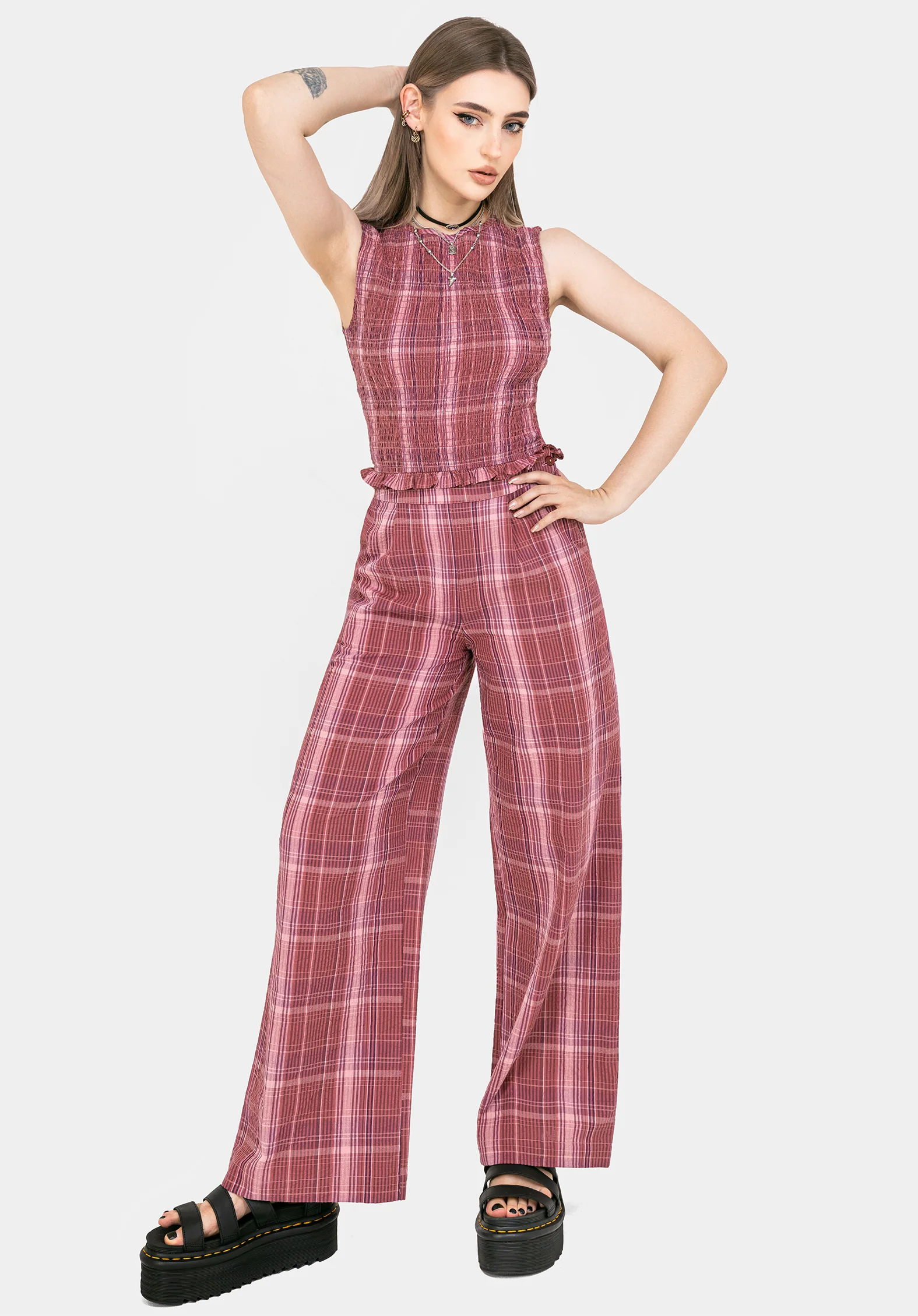 Zorina Cotton Check Wide Leg Trousers - Image 7